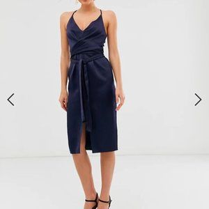 Navy satin midi dress - wrap waist